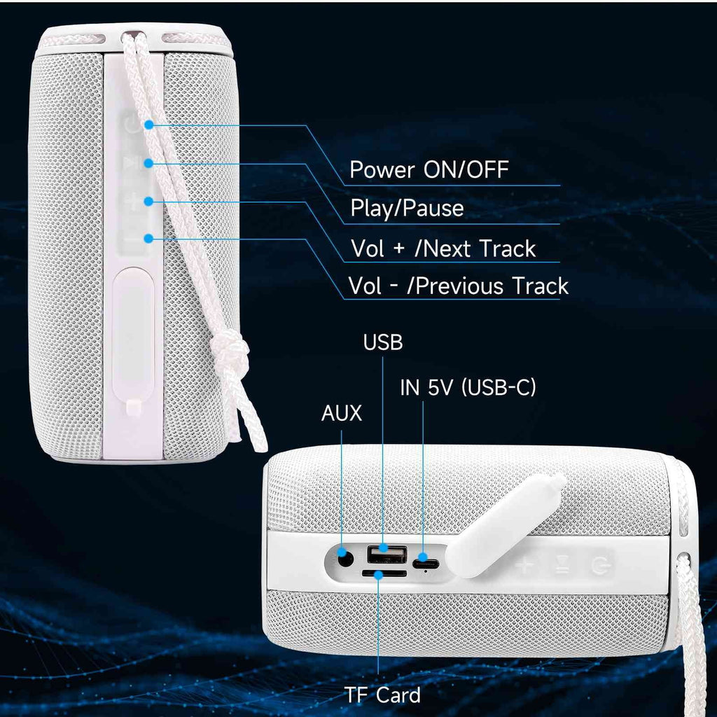 UrbanX X808 Bluetooth Speaker, IPX5 Waterproof Speakers 360° HD Surround Sound with Punchy Bass, True Wireless Pairing, BT5.3, Portable Speaker for BLU C5 Max - White