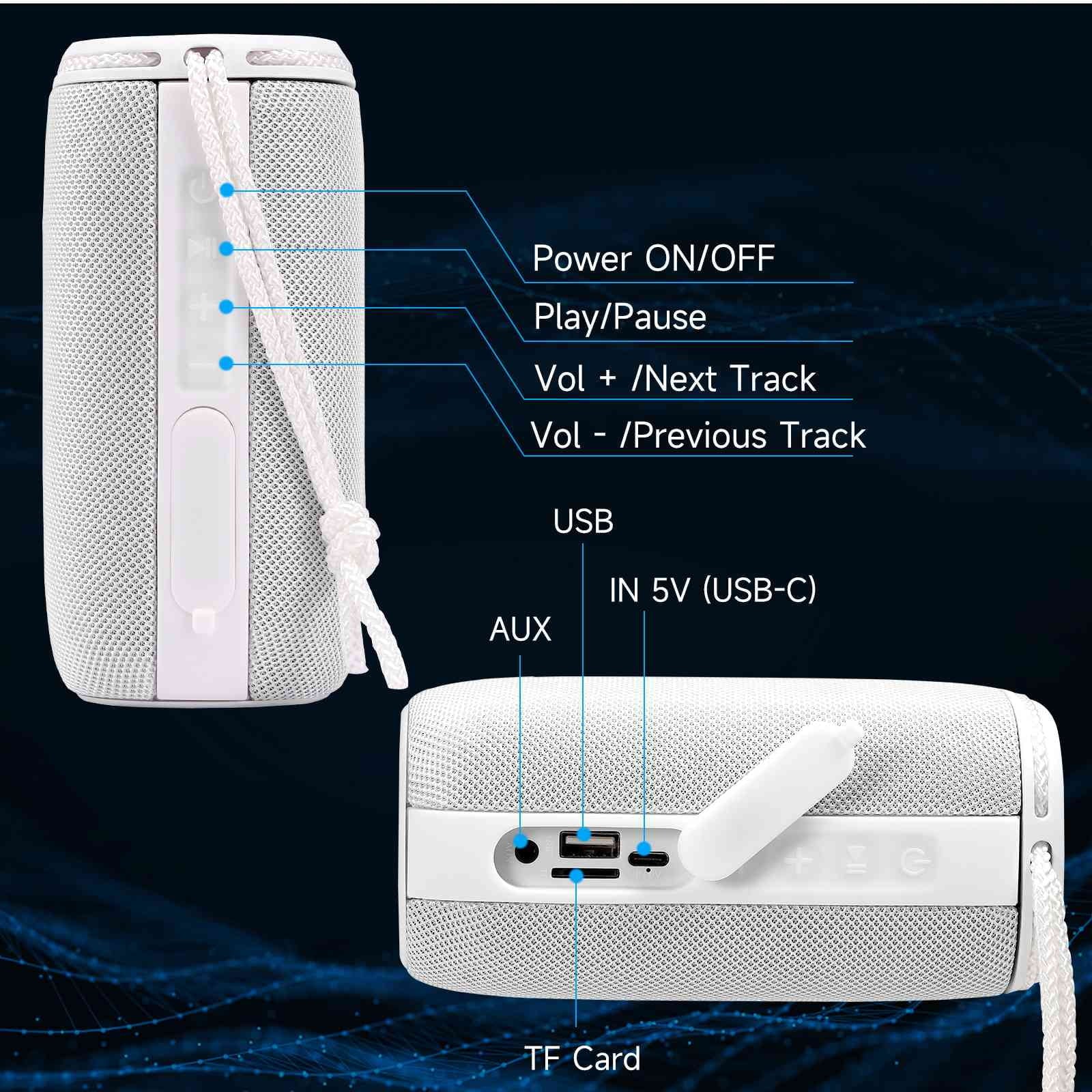 UrbanX X808 Bluetooth Speaker, IPX5 Waterproof Speakers 360° HD Surround Sound with Punchy Bass, True Wireless Pairing, BT5.3, Portable Speaker for BLU C5 Max - White
