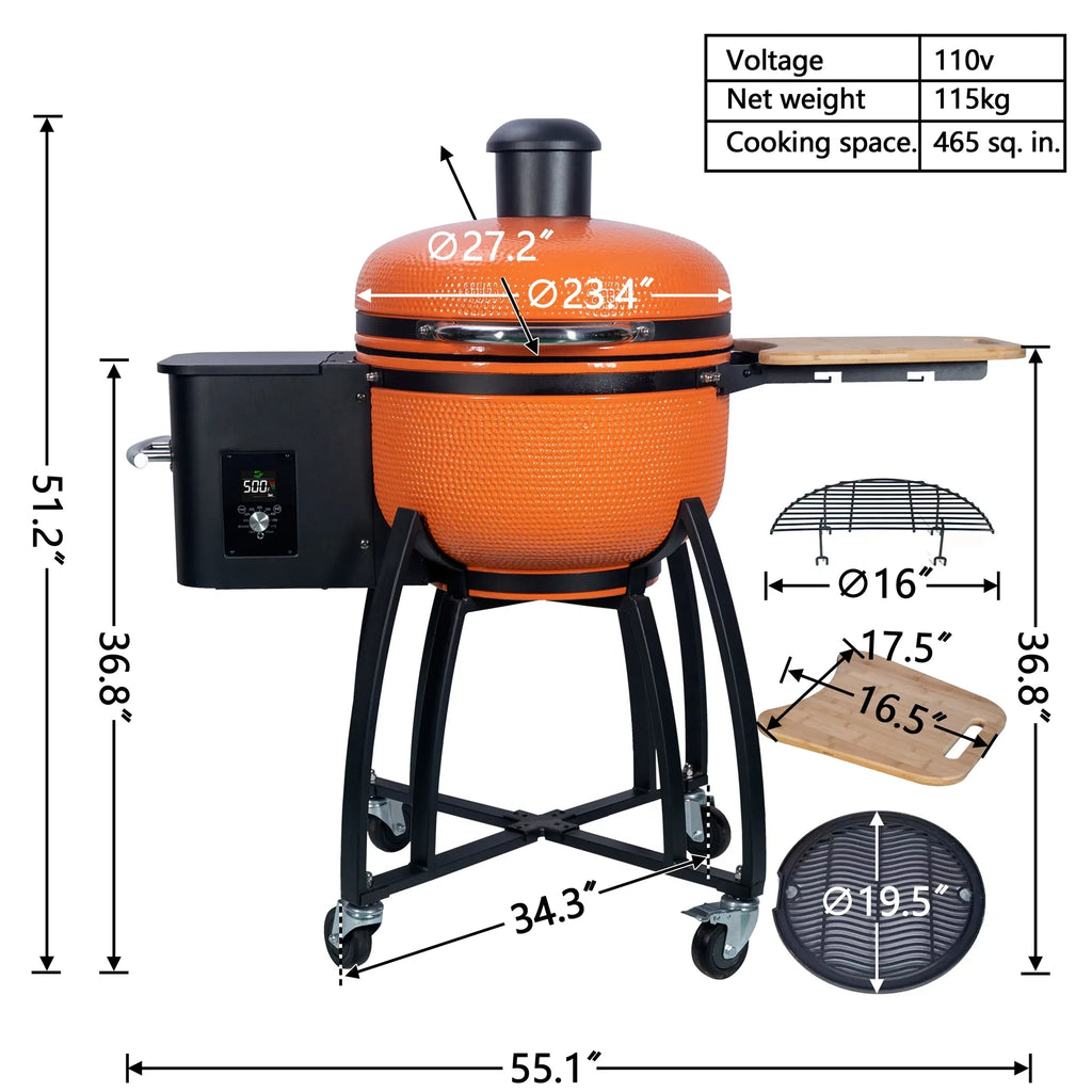 24 "Ceramic Pellet Grill with 19.6" Size Gridiron Double Ceramic Liner 4-in-1 Smoked Roasted BBQ Pan-roasted for Outdoors Patio,Orange