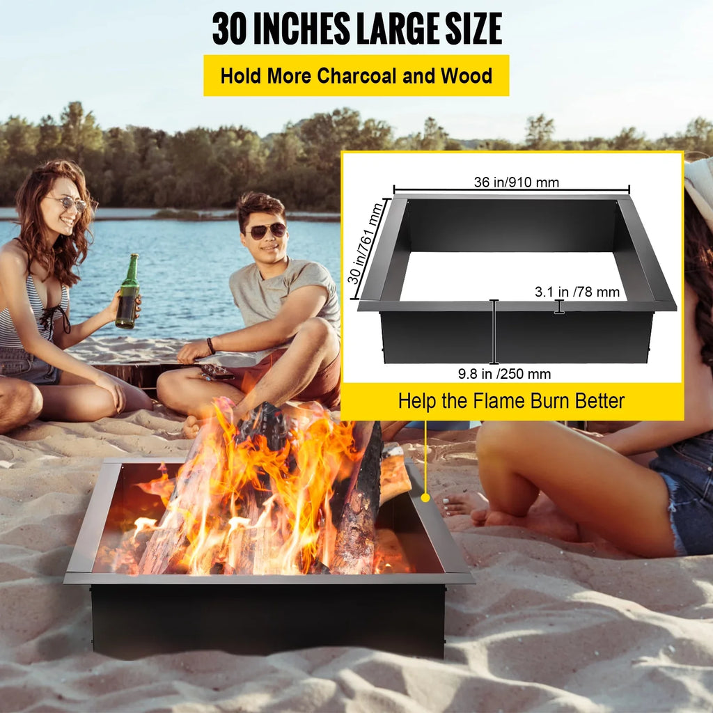 BENTISM Fire Pit Ring, 30" Square Fire Pit Insert, Heavy Duty Steel Fire Ring, DIY Bonfire Liner with Tongs Insert with Simple Installation for Outdoor, Patio, Backyard
