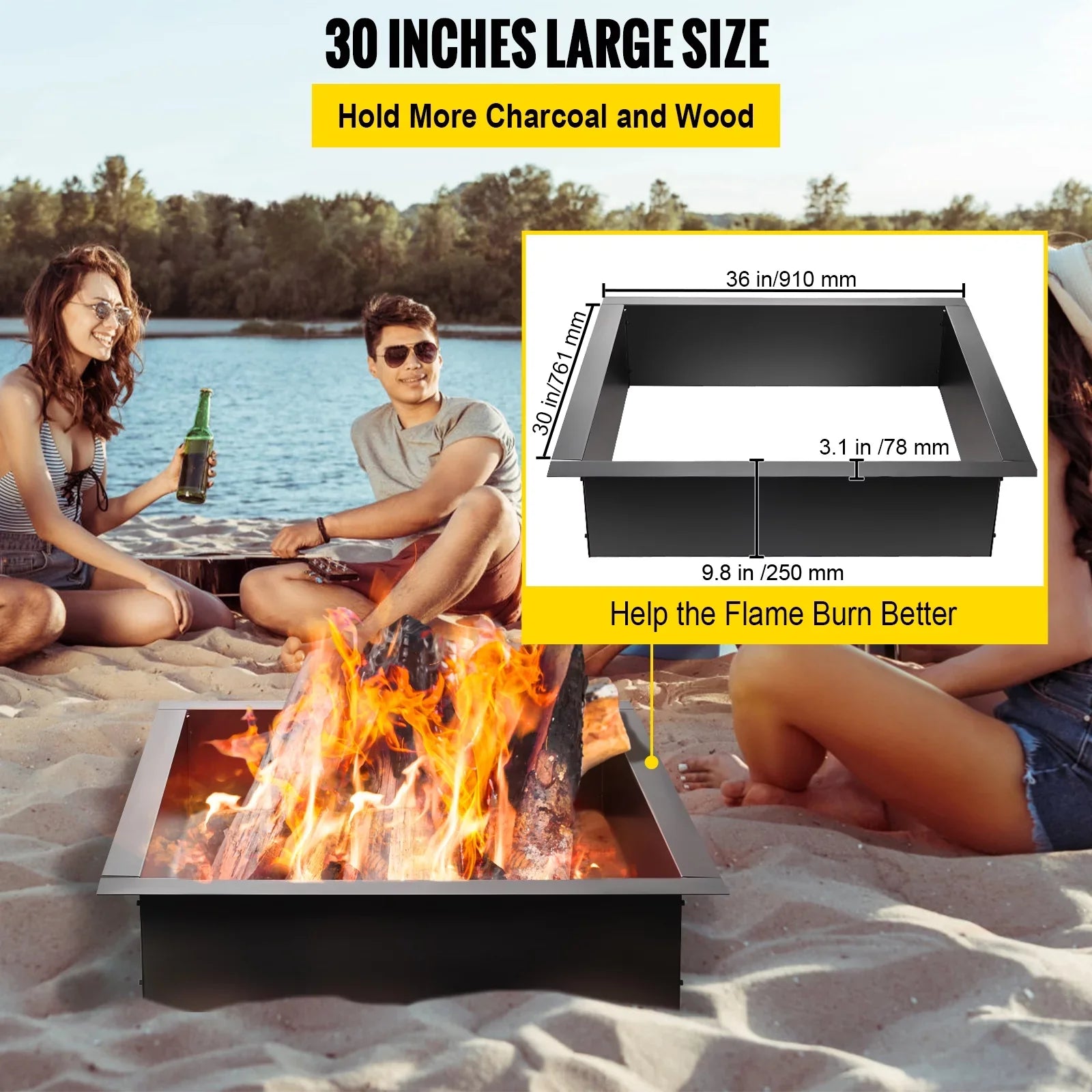 BENTISM Fire Pit Ring, 30" Square Fire Pit Insert, Heavy Duty Steel Fire Ring, DIY Bonfire Liner with Tongs Insert with Simple Installation for Outdoor, Patio, Backyard