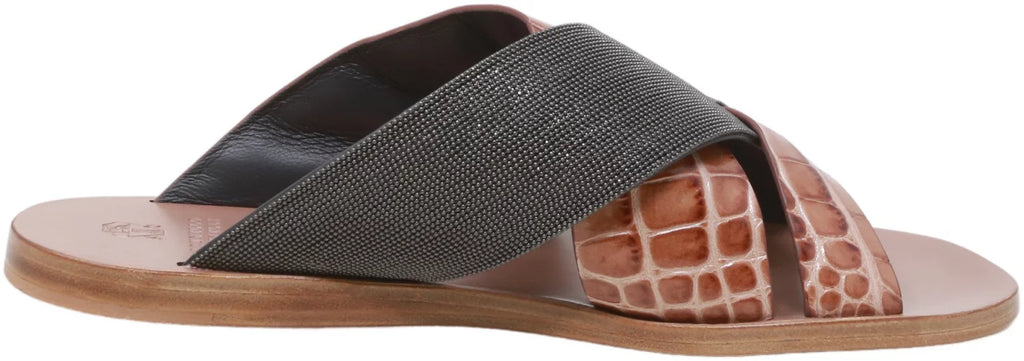 Brunello Cucinelli Women's Lizard-Effect Metallic Sliders Dark / Snake Leather Sandal - 7 M