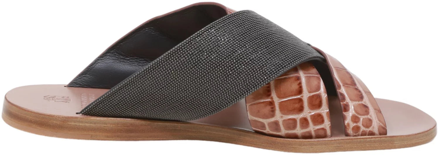 Brunello Cucinelli Women's Lizard-Effect Metallic Sliders Dark / Snake Leather Sandal - 7 M