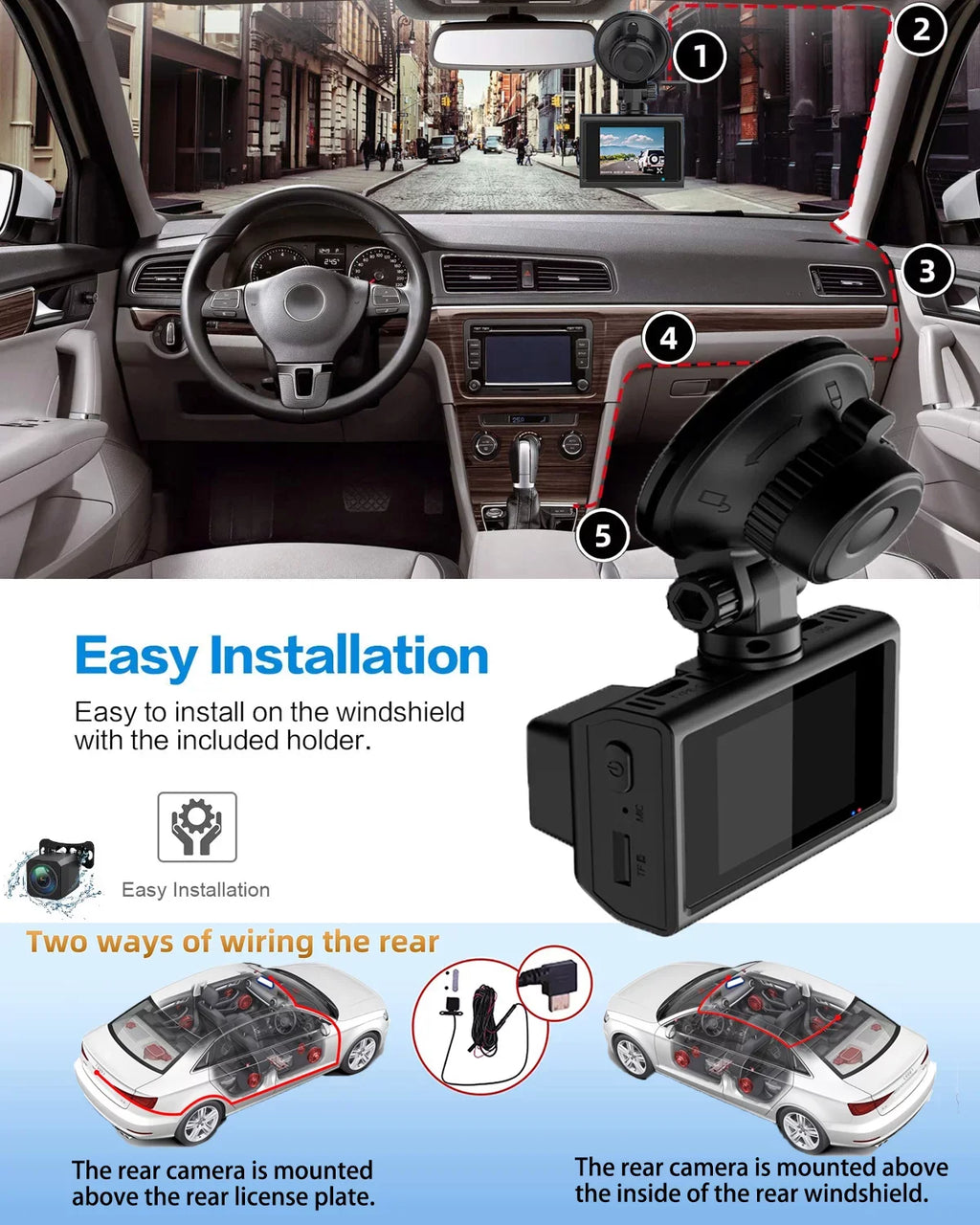 4K Front and Rear Dash Cam for Cars, Dual Dash Cam with SD Card, 2 Inch Dash Camera with GPS WIFI, Night Vision, Loop Recording, Parking Mode, Wide Angle, 64GB SD Card Included