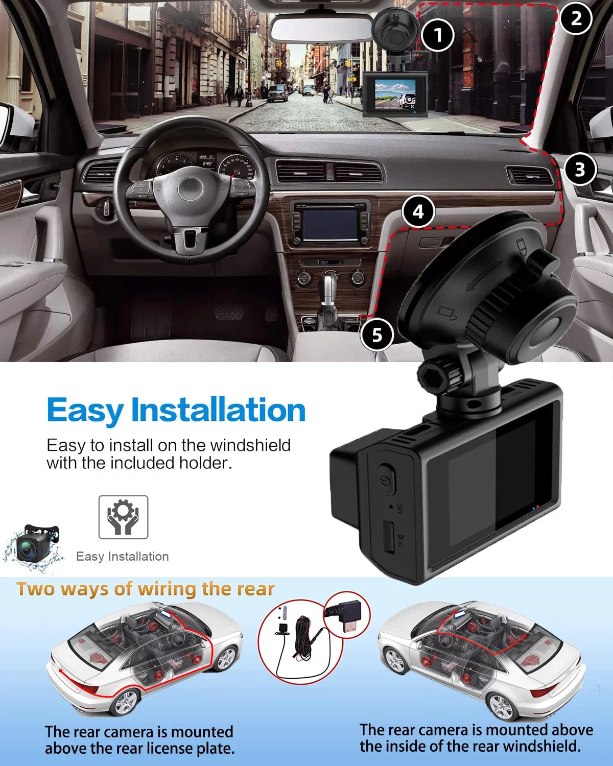 4K Front and Rear Dash Cam for Cars, Dual Dash Cam with SD Card, 2 Inch Dash Camera with GPS WIFI, Night Vision, Loop Recording, Parking Mode, Wide Angle, 64GB SD Card Included