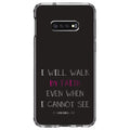 DistinctInk Clear Shockproof Hybrid Case for Galaxy S10e (5.8" Screen) - TPU Bumper, Acrylic Back, Tempered Glass Screen Protector - 2 Corinthians 5:7 - Walk By Faith Even When I Cannot See