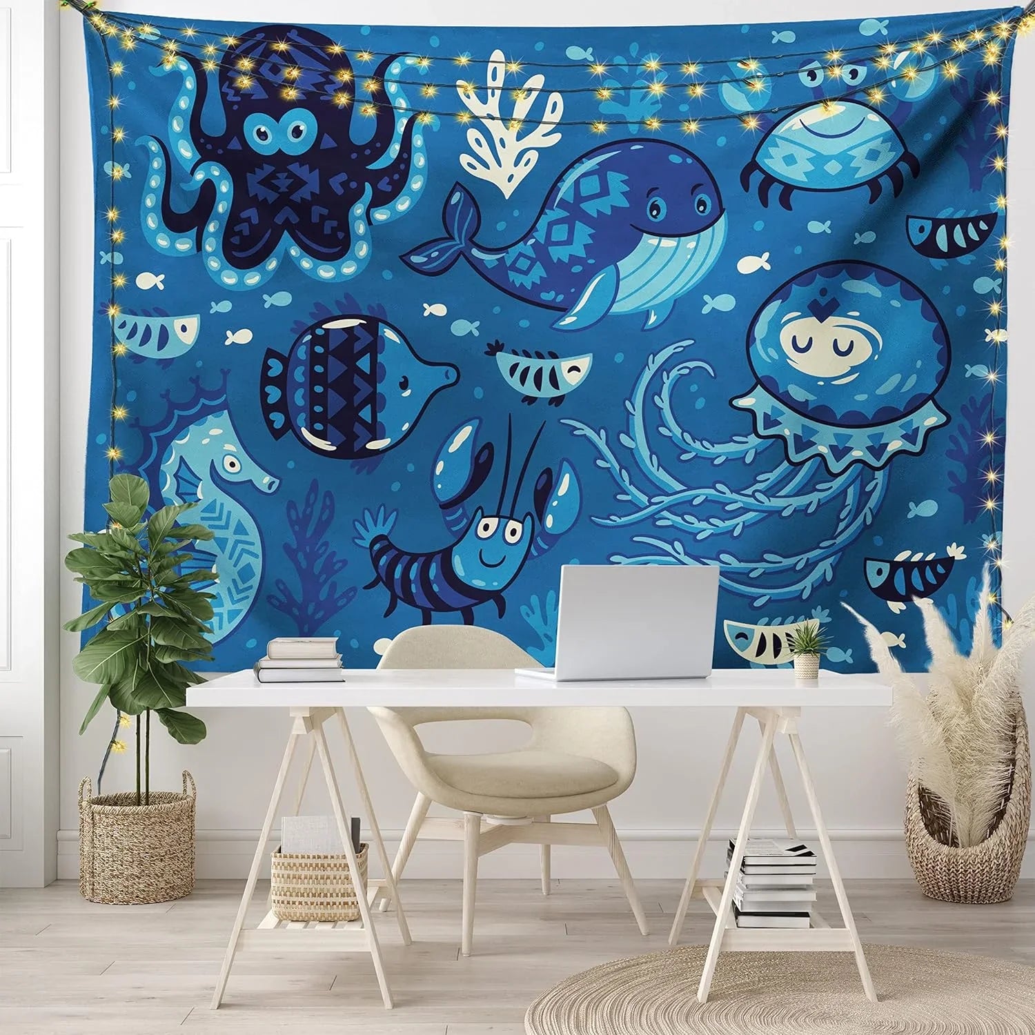 Ocean Tapestry, Deep Sealife With Cartoon Animals Little Whale Fish Octopus And Moss Print, Fabric Wall Hanging Decor For Bedroom Living Room Dorm, 45" X 30", Blue