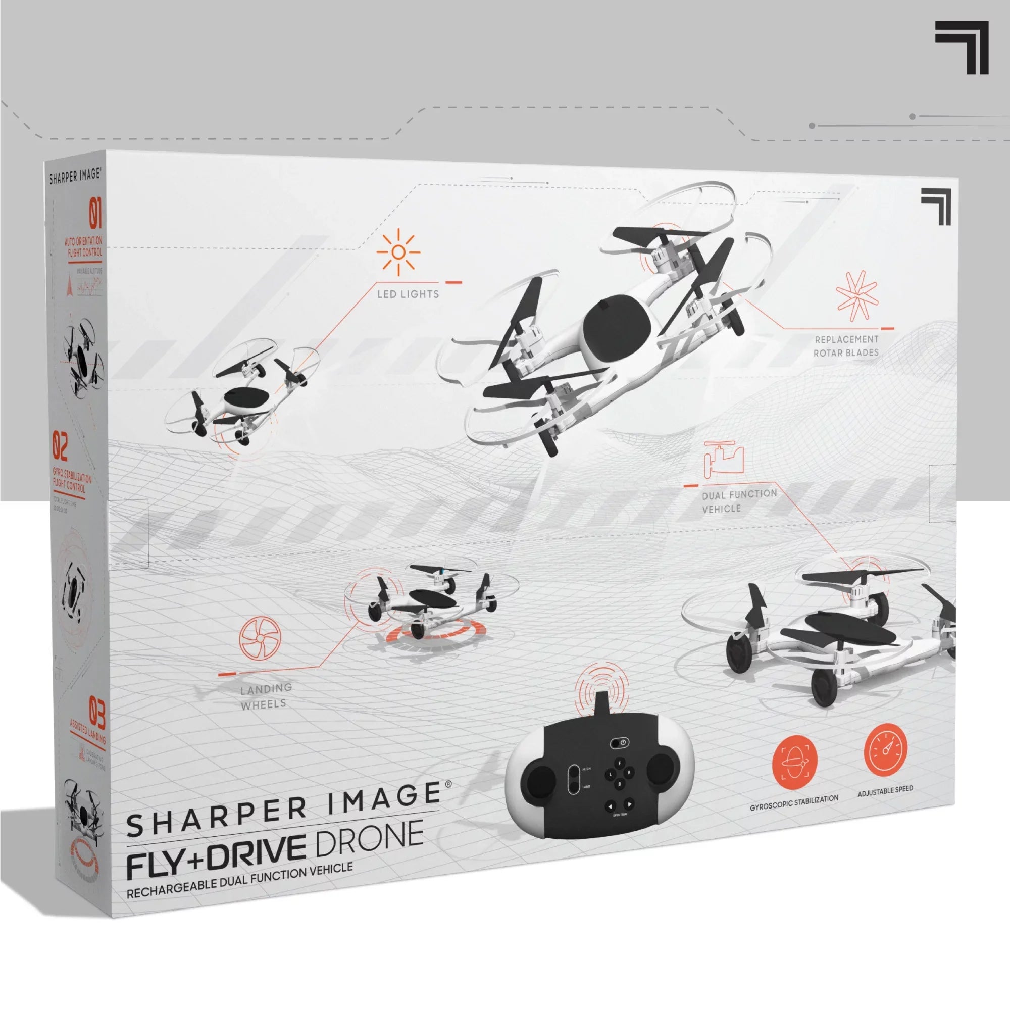 SHARPER IMAGE Rechargeable Dual Function Fly + Drive Drone RC, 250ft Long Range Control and 215ft Max Altitude, 5in