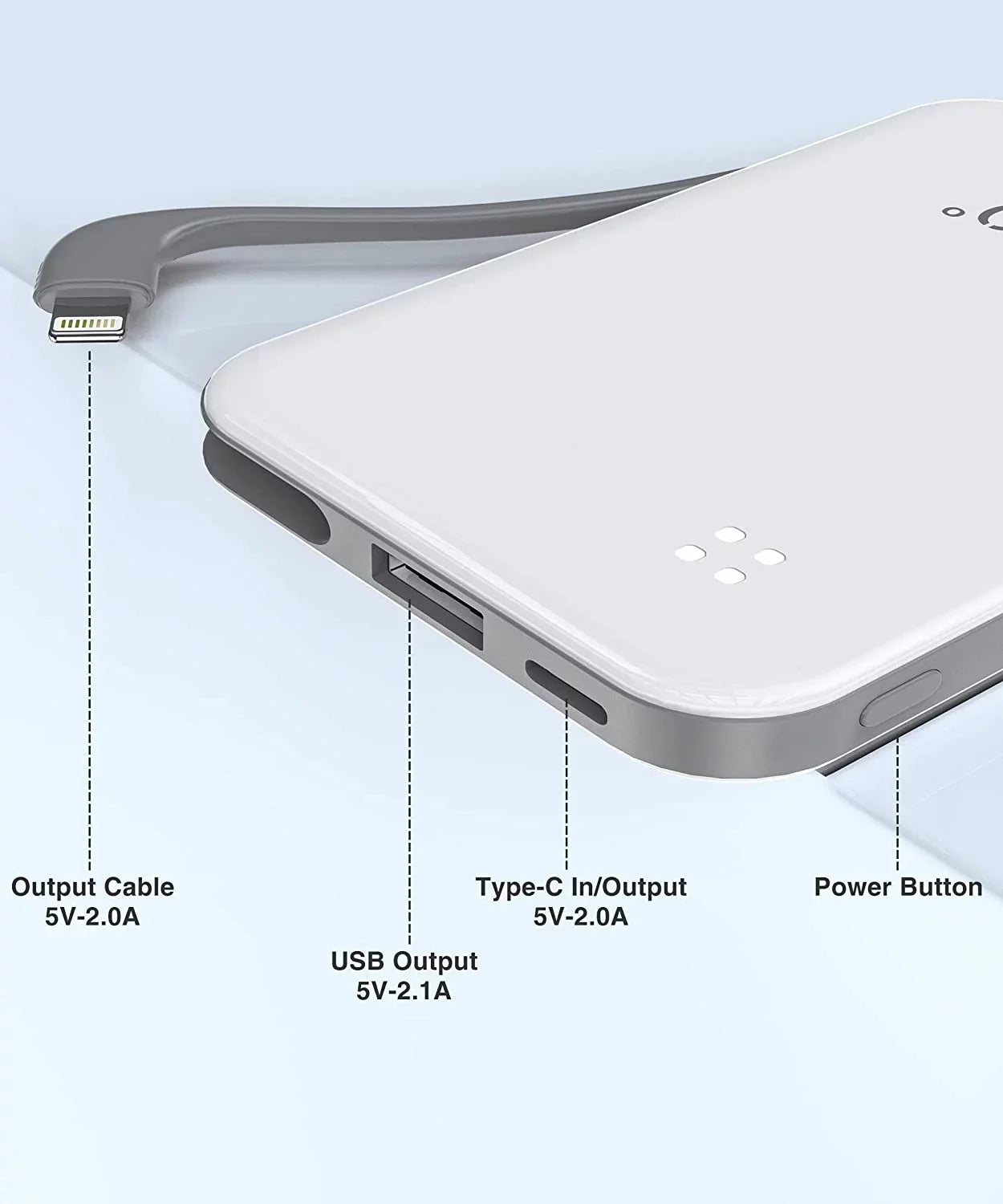TG90 4500mah Mini Portable Charger with Built-in Cable, Small Power Bank Portable Cell Phone Charger Compatible with iPhone 13/13 Pro Max/12/12 Pro Max/11/11 Pro Max/X/XS/8/7/6/SE and More White