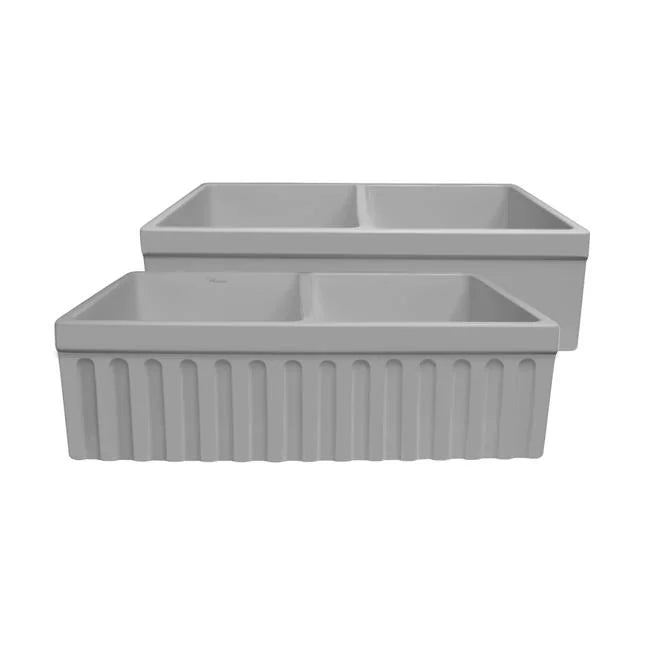 Whitehaus Collection Farmhaus Fireclay Quatro Alcove Reversible Double Bowl Fireclay Sink with a Fluted Front Apron - Matte Light Cement