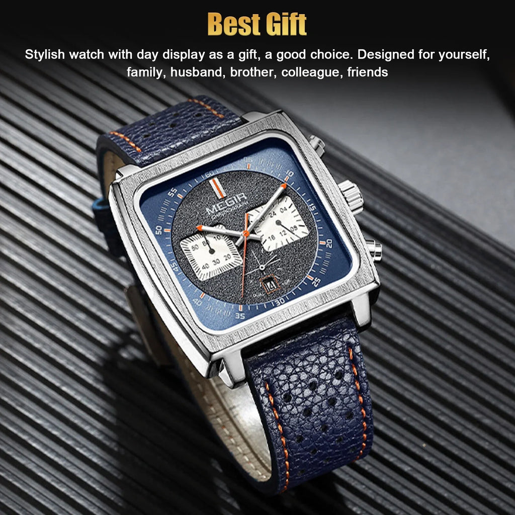 Waterproof MEGIR Men's Leather Luminous Analog Sports Quartz Military Wristwatch