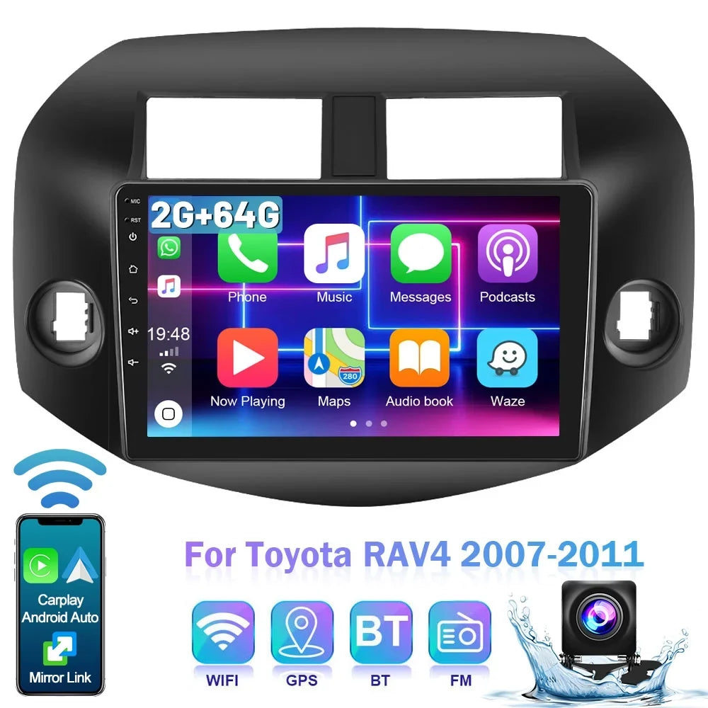 Podofo 2+64G for RAV4 2007-2011 Wireless Carplay Android Auto Mirror Link 10'' Touchscreen Car Stereo Radio Android 13 WIFI GPS FM Bluetooth Hifi USB,AHD Backup Camera