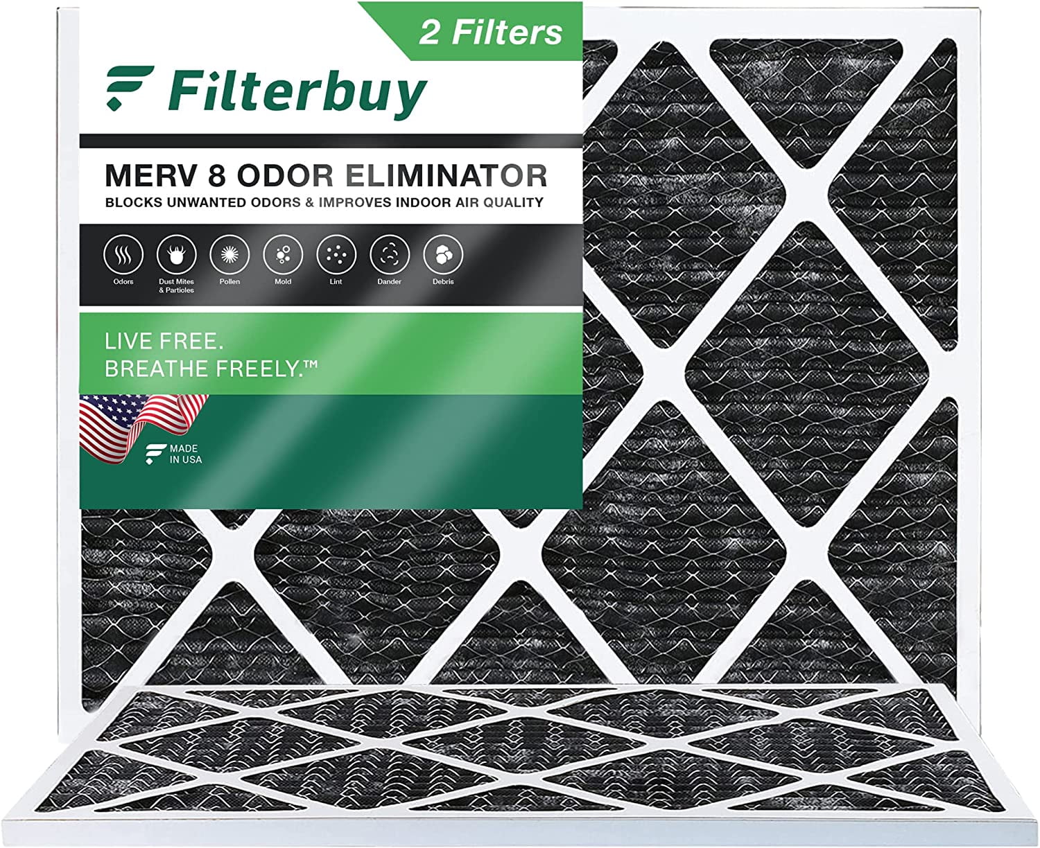 Filterbuy 20x22x1 MERV 8 Odor Eliminator Pleated HVAC AC Furnace Air Filters with Activated Carbon (2-Pack)