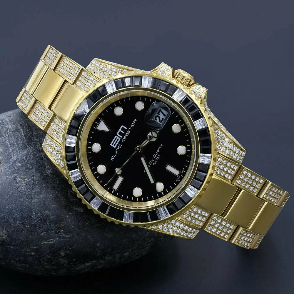 Full Stainless Steel 18K Yellow Gold Simulated Diamond 40 mm Presidential Men's Watch W/Date