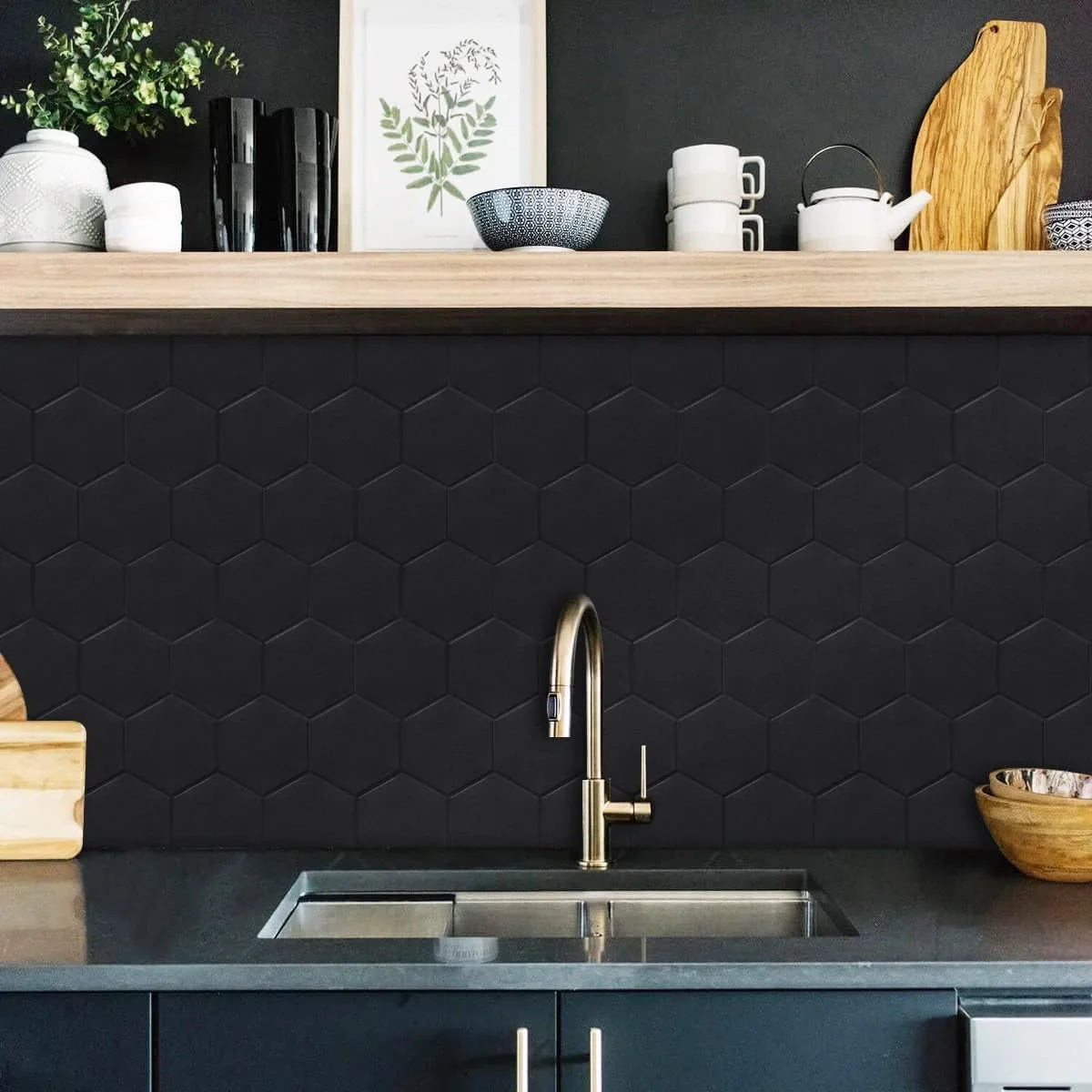 Real 3D Matte Dark Self Adhesive PET Tiles Big Hexagon Peel and Stick Backsplash for Kitchen Bathroom(11.57''x10.35'',10-Sheet)