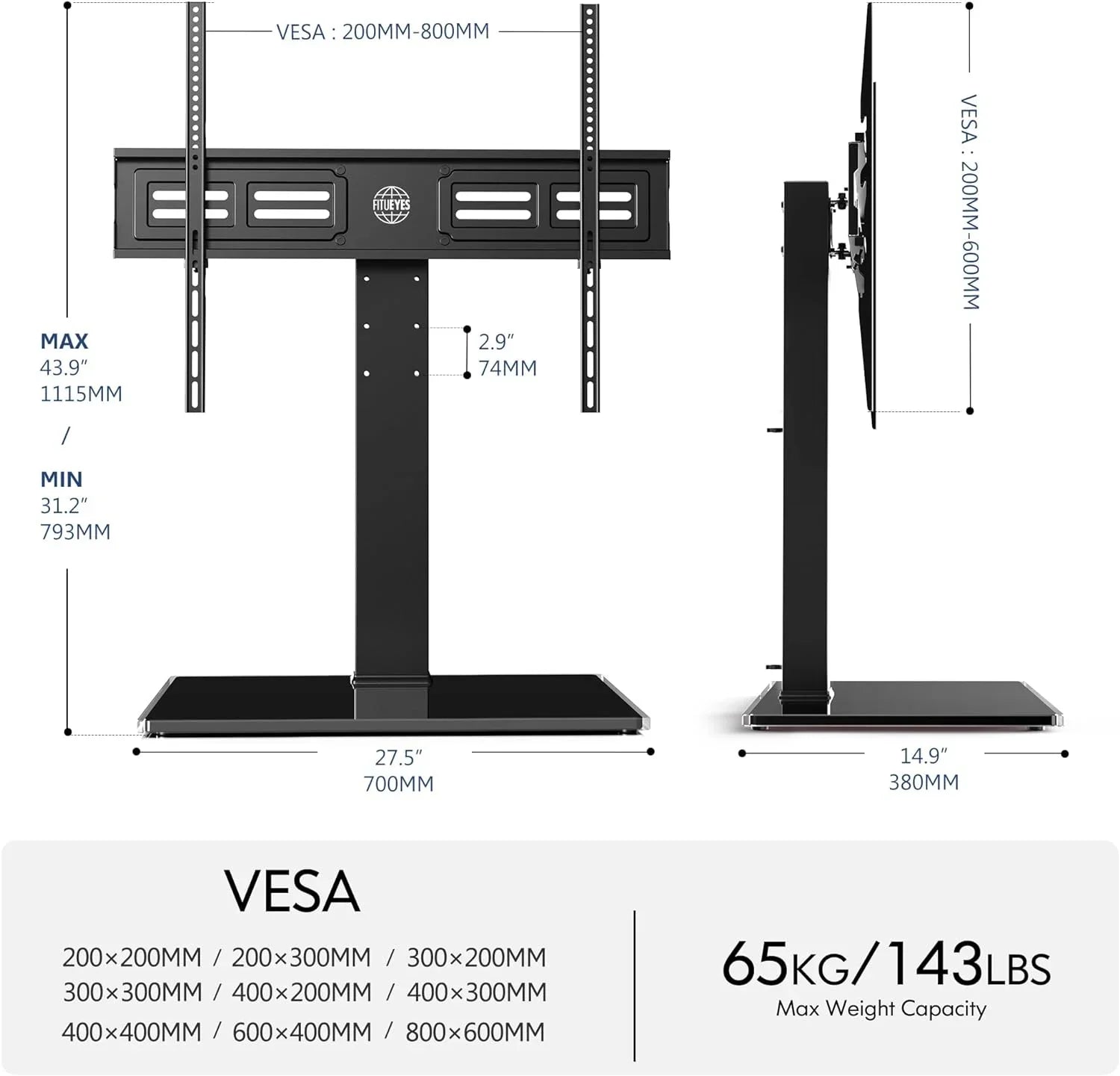 HBBOOMLIFE Universal TV Stand/Base Swivel Tabletop TV Stand with Mount for 50 to 85 inch Flat Screen TV 100 Degree Swivel 4 Level Height Adjustable Tempered Glass Base Holds up to 143 lb