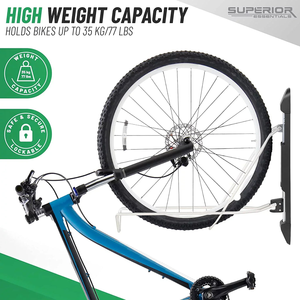 Superior Essentials Vertical Bike Rack - Easy to Hang and Detach, 180-Degree Swivel Swing, Foldable Bike Wall Mount - Maximize Your Garage Space with Our Top-Notch Bike Hangers for Garage Jet