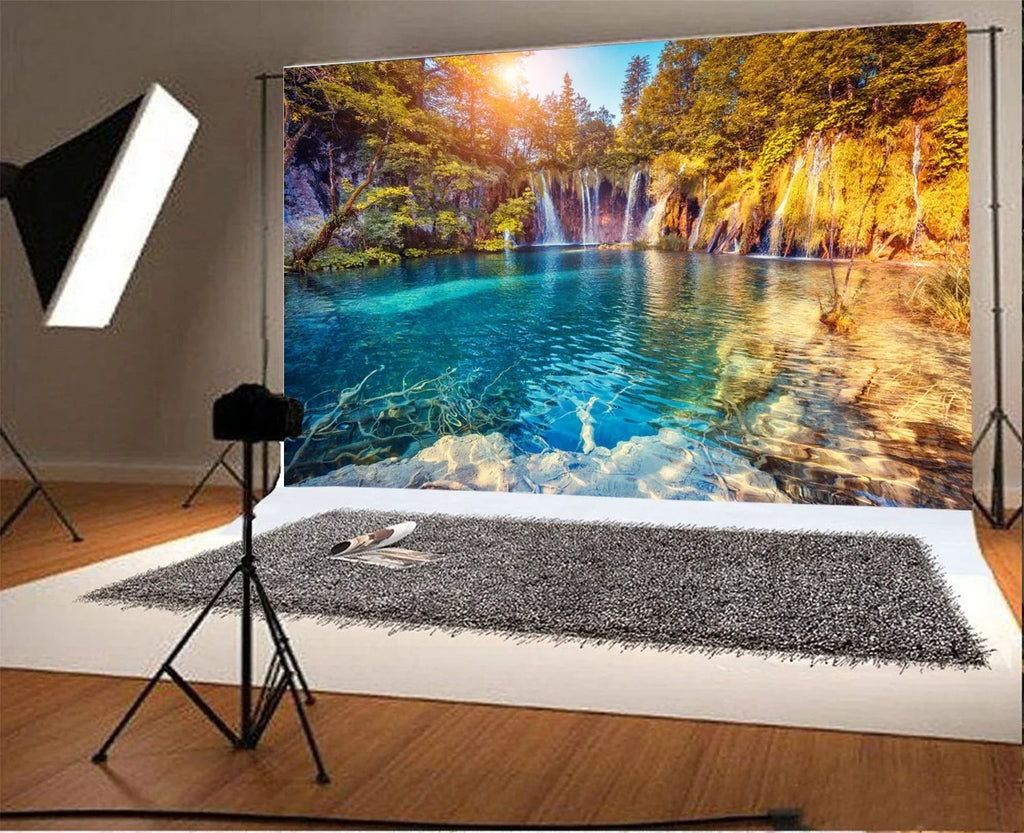 GreenDecor 7x5ft Photography Background Beautiful Autumn Scenery Loveliest Cascades Water and Mountain Trees Waterfall Nature View Backdrops Portraits Shooting Video Studio Props