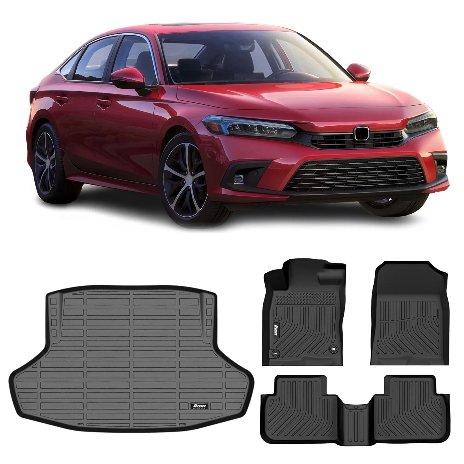 Ikon Motorsports 3D TPE Floor Mats + Trunk Mat, Compatible with 2022-2024 Honda Civic Ebony All Weather Waterproof Anti-Slip Floor Liners Front & 2nd Row Full Set Interior Storage Cover Accessories