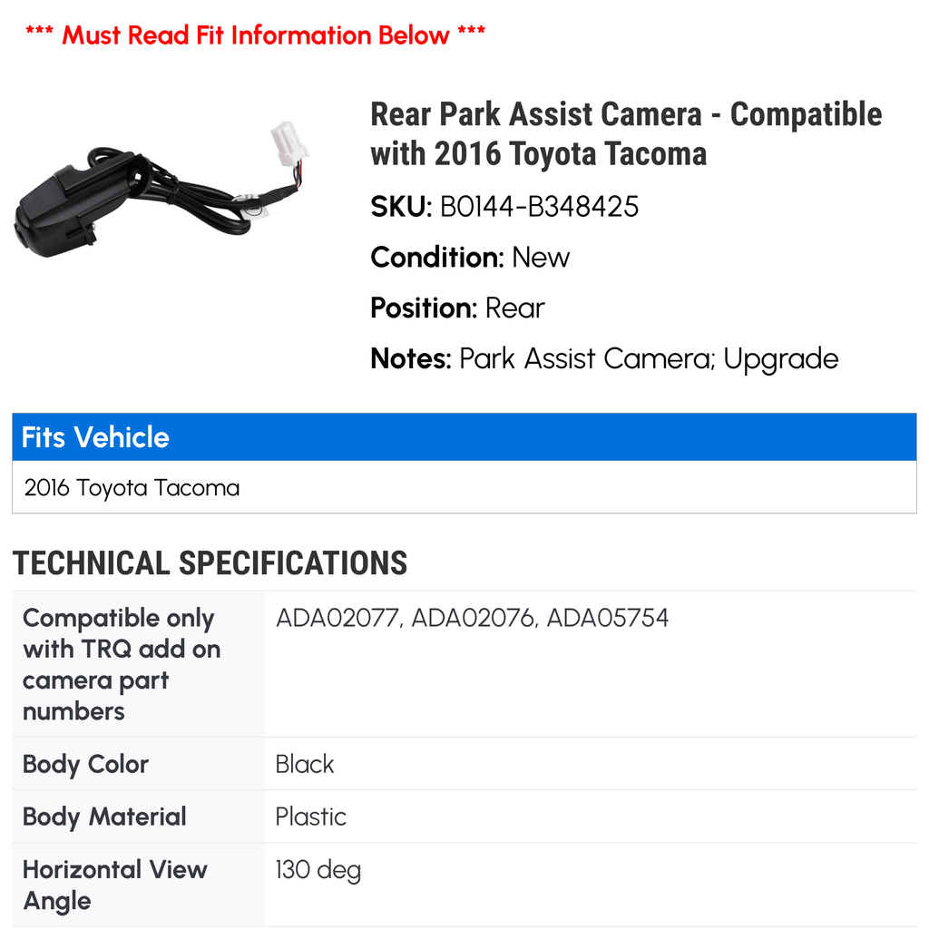 Rear Park Assist Camera - Compatible with 2016 Tacoma