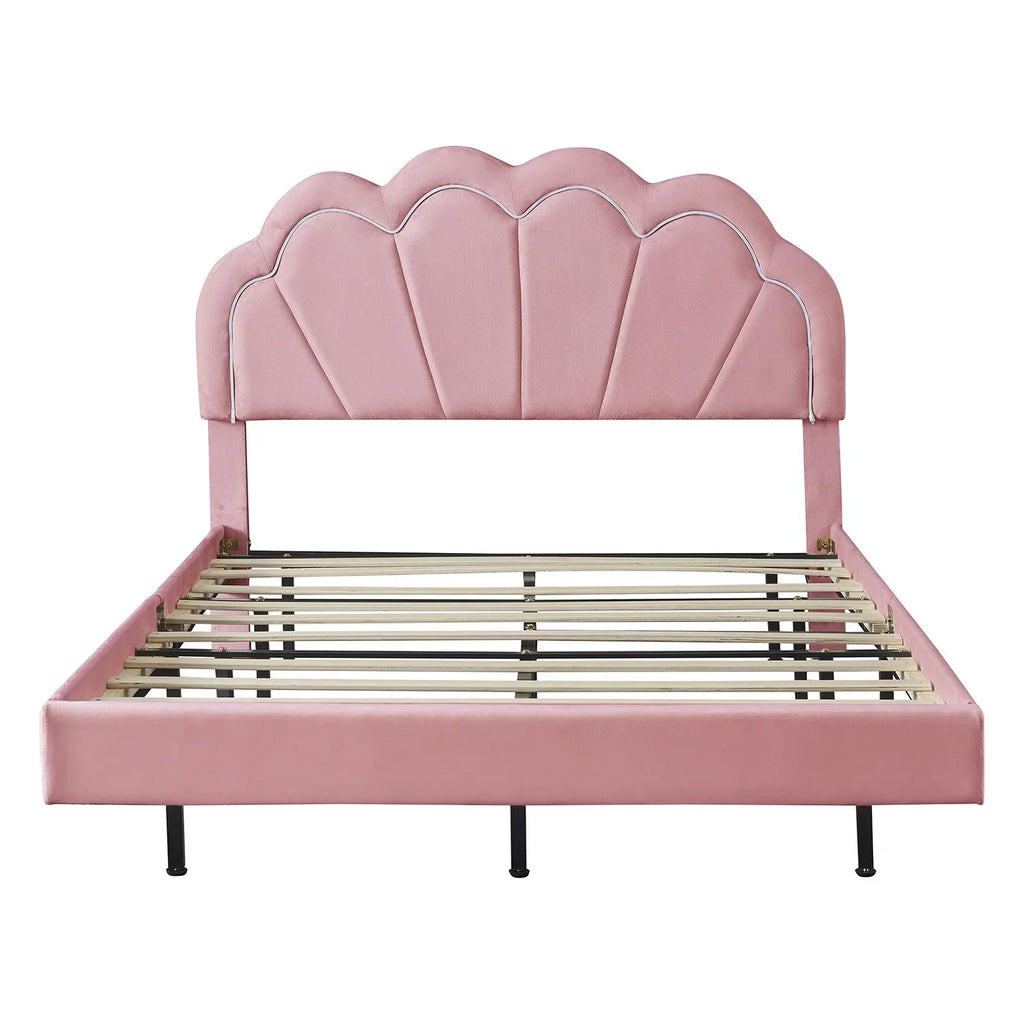 Full Size Smart LED Platform Bed with Wooden Slats Support Beige