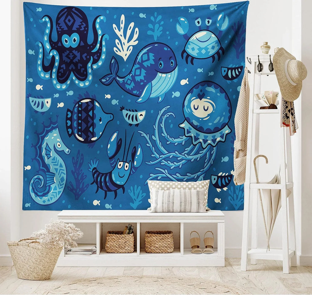 Ocean Tapestry, Deep Sealife With Cartoon Animals Little Whale Fish Octopus And Moss Print, Fabric Wall Hanging Decor For Bedroom Living Room Dorm, 45" X 30", Blue