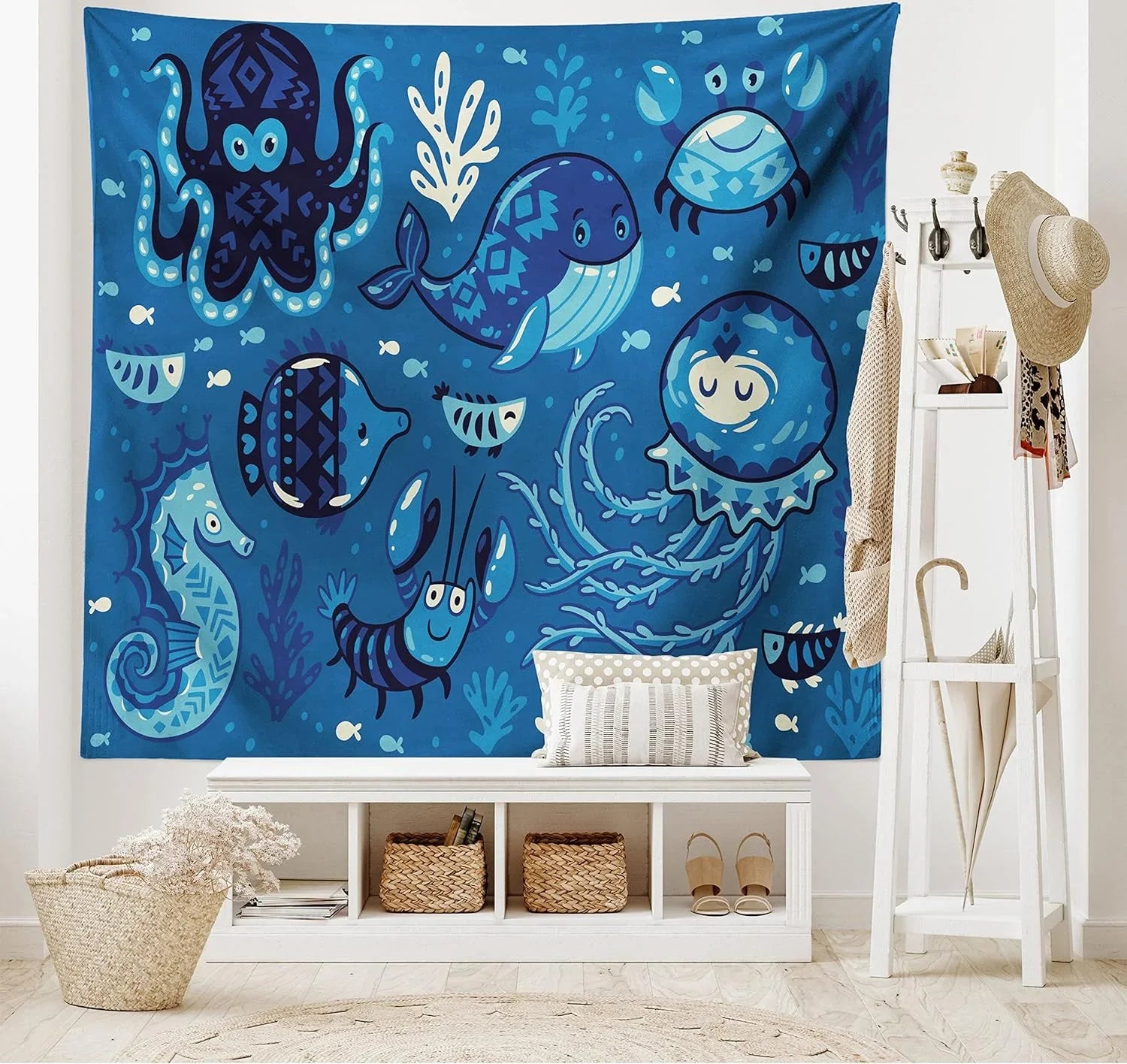 Ocean Tapestry, Deep Sealife With Cartoon Animals Little Whale Fish Octopus And Moss Print, Fabric Wall Hanging Decor For Bedroom Living Room Dorm, 45" X 30", Blue