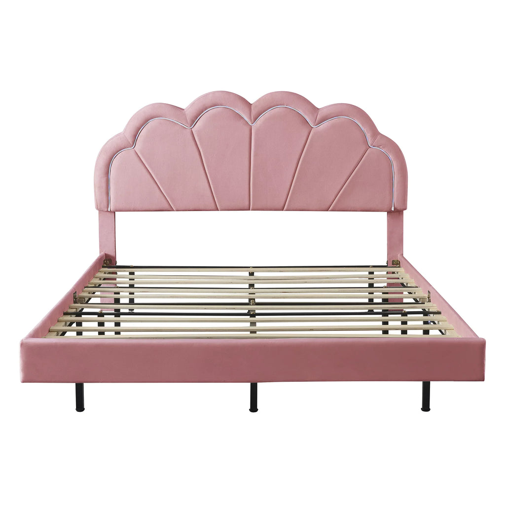 CoSoTower Queen Upholstered Smart LED Bed Frame with Elegant Flowers Headboard,Floating Velvet Platform LED Bed with Wooden Slats Support,Pink