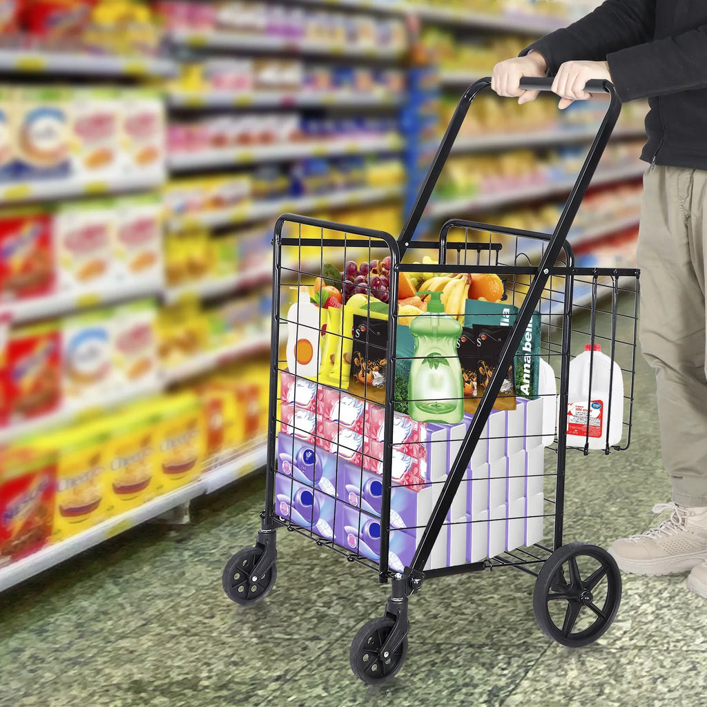 ZENY Folding Utility Shopping Cart with Double Basket and Wheels for Grocery Laundry Book Luggage Travel, Jet