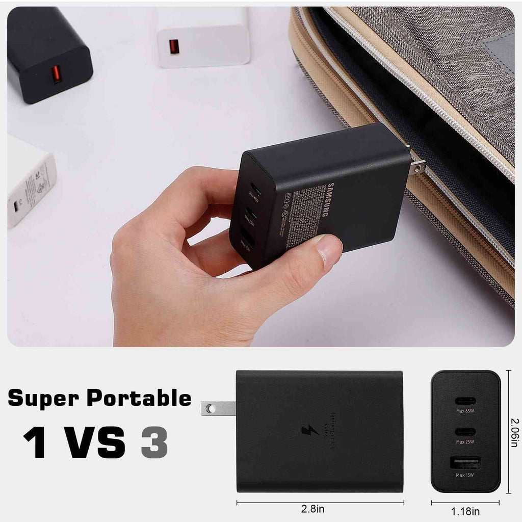65W Fast Travel Charger with 3 Ports - USB & Dual USB-C High-Speed Charging for ZTE Blade V2020 5G/Axon 20 5G Extreme/Axon 20 5G/nubia Red Magic 5S/nubia Red Magic 5G Lite iPhone, Galaxy