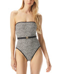 Michael Kors Women's Logo-Belt Printed Bandeau One-Piece Swimsuit Ebony Size 10