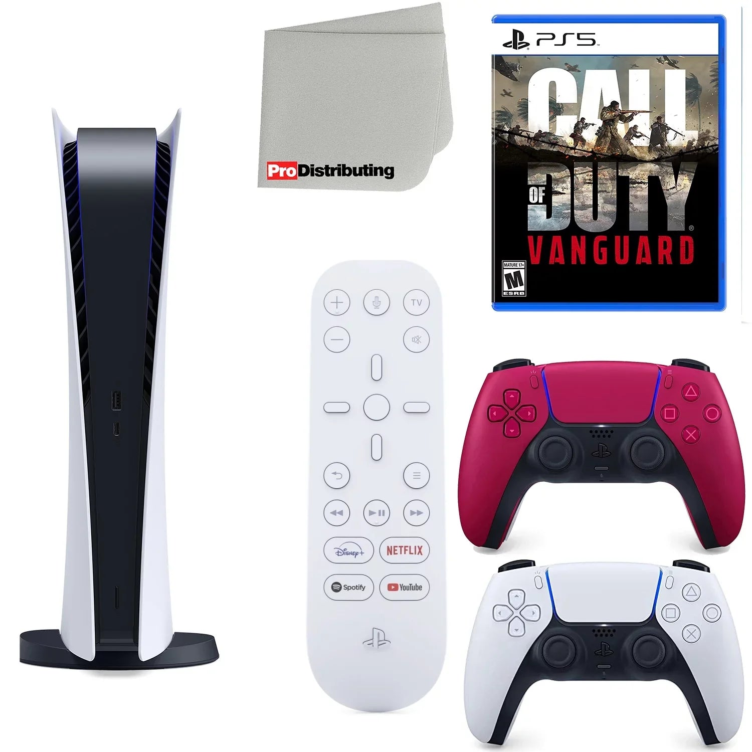 Playstation 5 Digital Version ( PS5 Digital) with Cosmic Red Extra Controller, Media Remote, Call of Duty: Vanguard, Accessory Starter Kit and Microfiber Cleaning Cloth Bundle