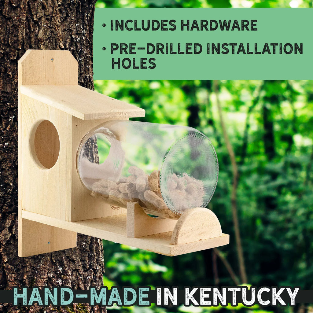 Uncle Dunkels Backyard Squirrel Feeder (w/ Gallon Glass Jar); Rustic Handmade Squirrel Food Box