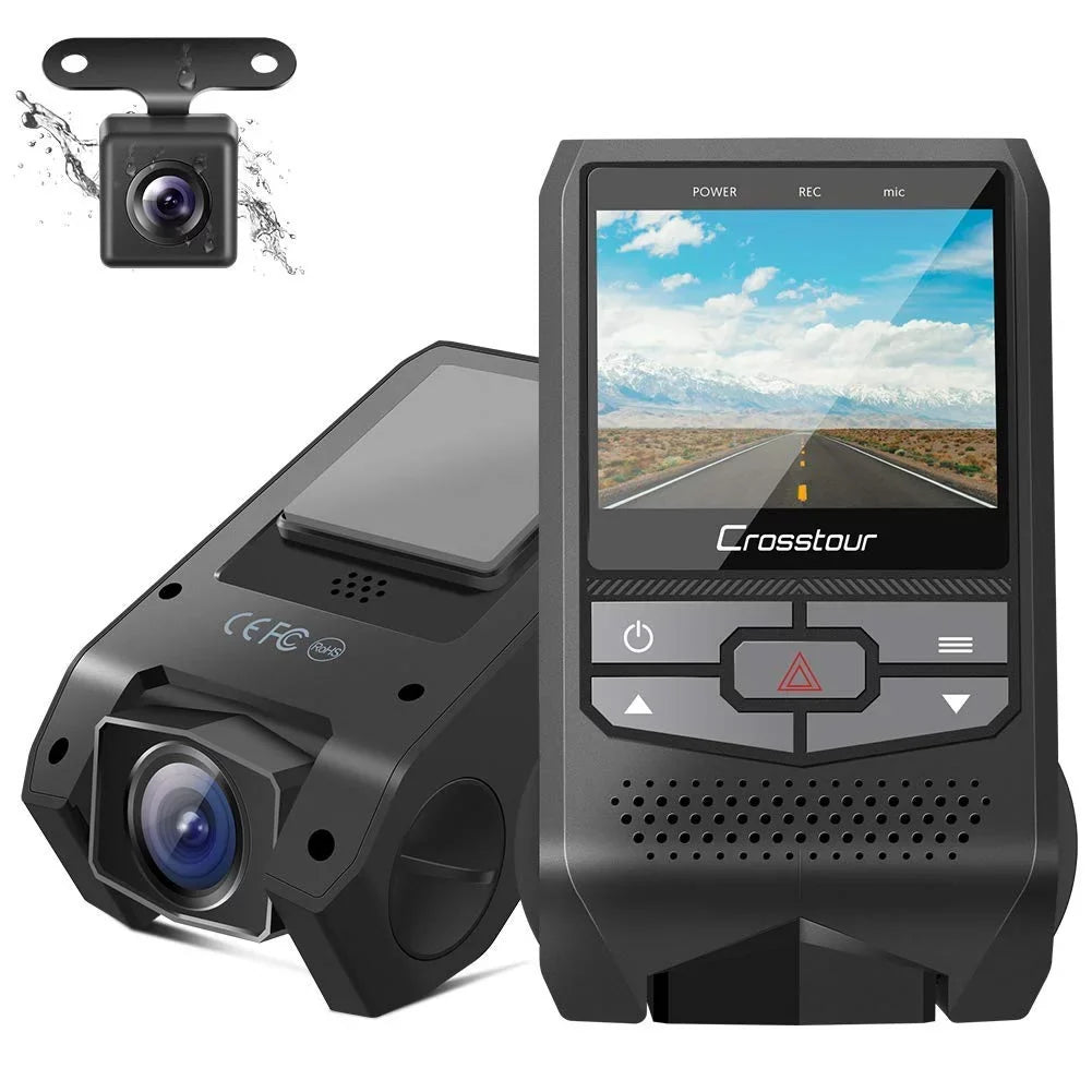 Crosstour CR600 Dual Dash Cam Front and Rear FHD 1080P Mini in Car Camera with Parking Monitoring,G-Sensor,WDR,Night Vision, Motion Detection, Loop Recording, Screen Rotation