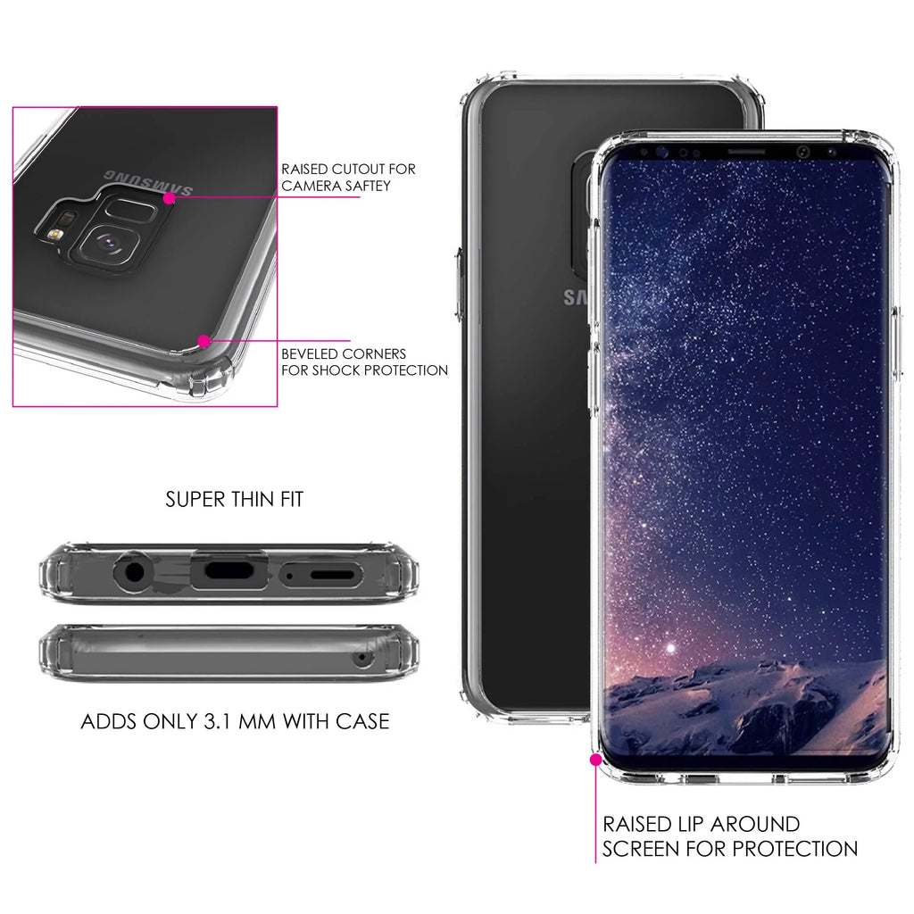DistinctInk Clear Shockproof Hybrid Case for Galaxy S9 (5.8" Screen) - TPU Bumper, Acrylic Back, Tempered Glass Screen Protector - Faith, Hope & Love - Cross & Leaves