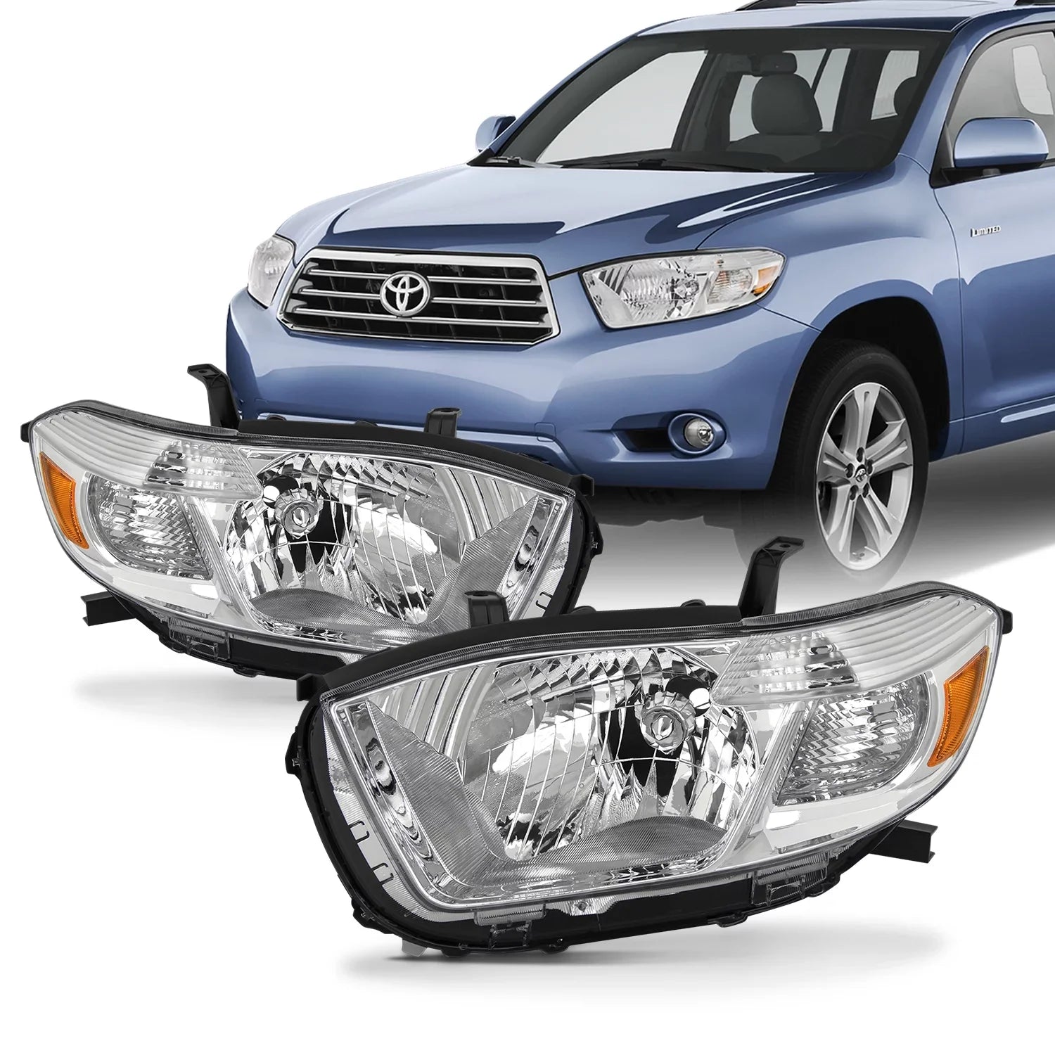 AKKON - Fits 2008 2009 2010 highlander [Halogen Type] Chrome Headlights Pair Left+Right Replacement