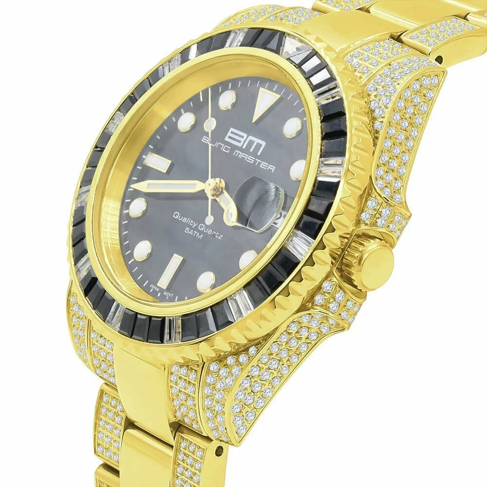 Full Stainless Steel 18K Yellow Gold Simulated Diamond 40 mm Presidential Men's Watch W/Date