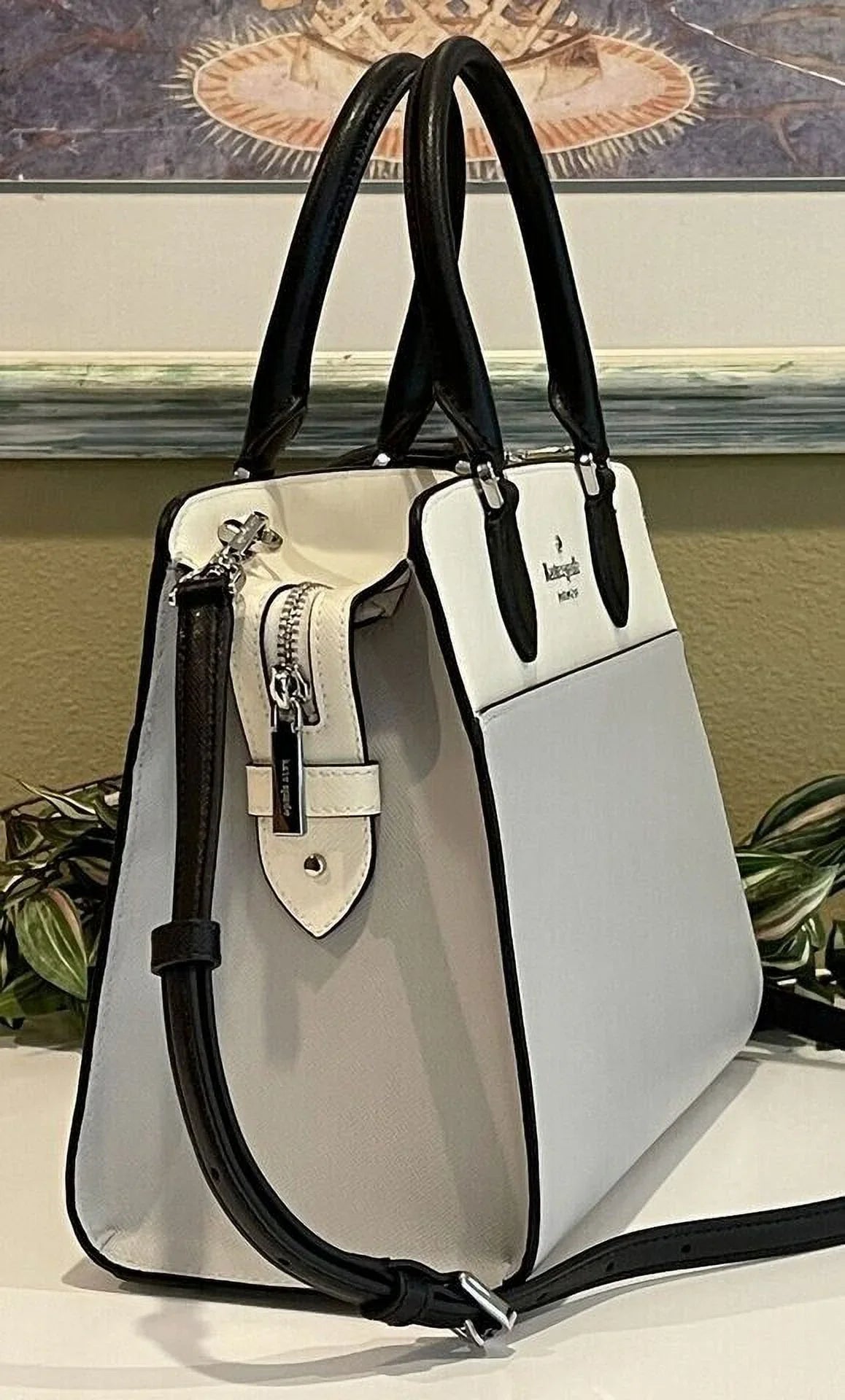 Kate Spade Madison Medium Platinum Grey Colorblock Leather Satchel Bag Purse KC621