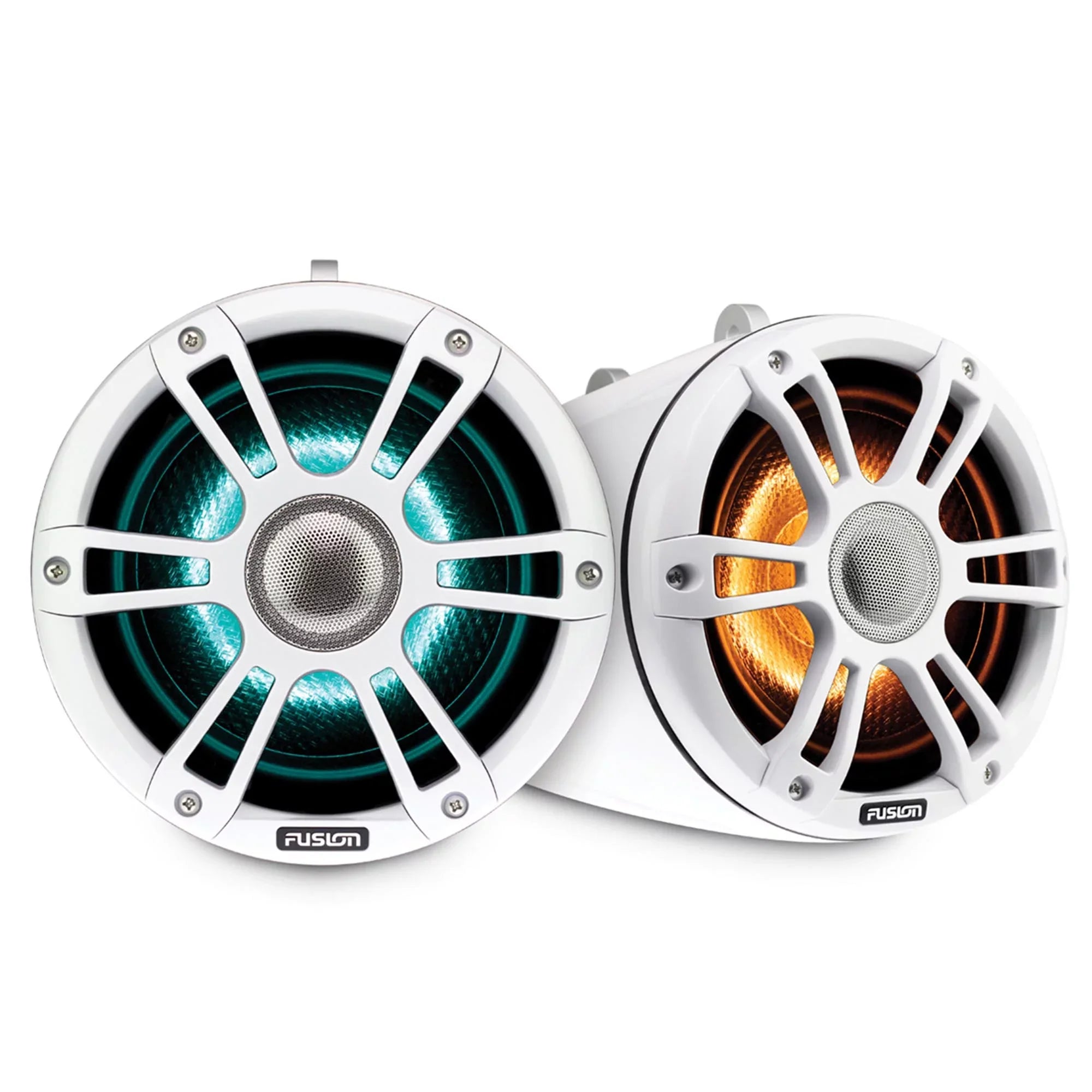 Fusion SG-FLT772SPW 7.7'' Sports White Tower Speaker with Fixed Clamps and SG-DA41400 4-Channel Amplifier