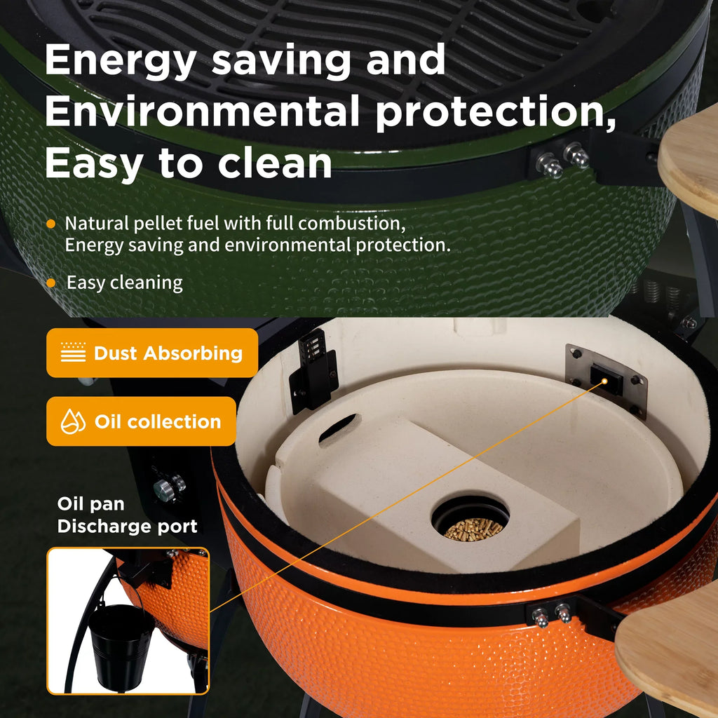 24 "Ceramic Pellet Grill with 19.6" Size Gridiron Double Ceramic Liner 4-in-1 Smoked Roasted BBQ Pan-roasted for Outdoors Patio,Orange