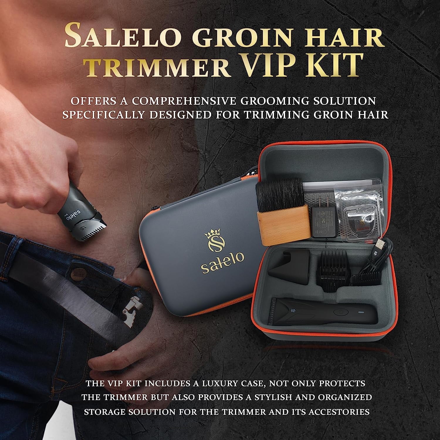 Salelo Electric Groin Hair Trimmer VIP Kit | Grooming Kit for Manscaping, Pubic Hair | Rechargeable & Waterproof Ball Shaver | Personal Groomer for Men with Ceramic Replacement Blades & Storage Case