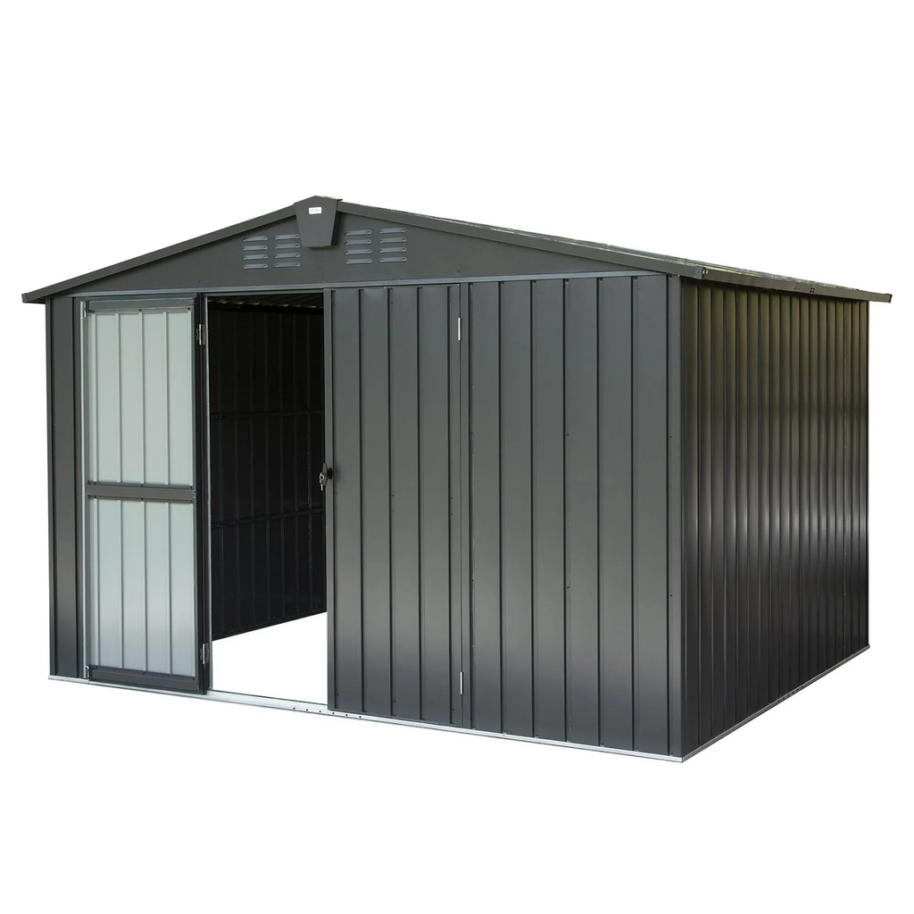 Homiyad Outdoor Storage Shed 10'X 8', Metal Garden Shed for Bike, Trash Can, Tools, Galvanized Steel Outdoor Storage Cabinet with Lockable Door for Backyard, Patio, Lawn (10X8ft, Jet
