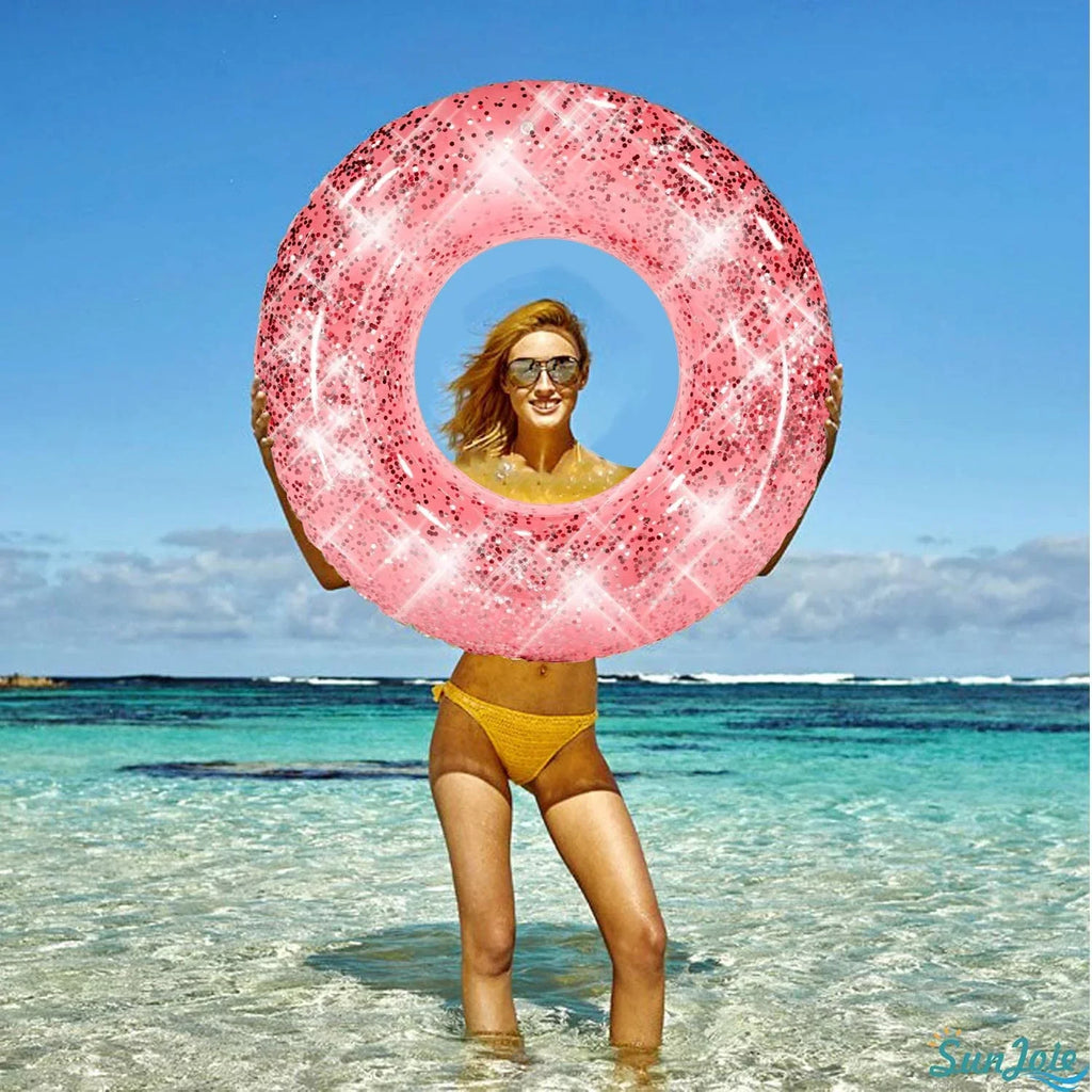 Alyvia Inflatable Rose Gold Pool Float with Glitter Inner Fun Beach Floaties, Swim Party Toys, Summer Pool Round Rings for Adults & Kids | 48 Inch