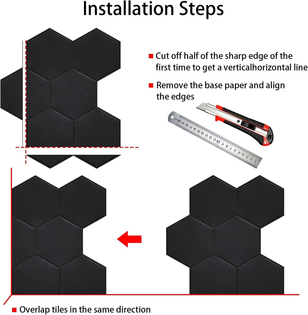 Real 3D Matte Dark Self Adhesive PET Tiles Big Hexagon Peel and Stick Backsplash for Kitchen Bathroom(11.57''x10.35'',10-Sheet)