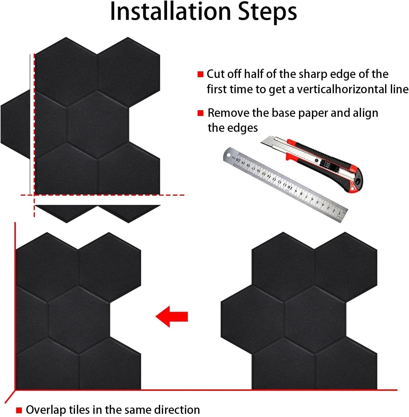 Real 3D Matte Dark Self Adhesive PET Tiles Big Hexagon Peel and Stick Backsplash for Kitchen Bathroom(11.57''x10.35'',10-Sheet)