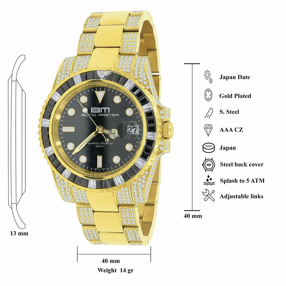 Full Stainless Steel 18K Yellow Gold Simulated Diamond 40 mm Presidential Men's Watch W/Date