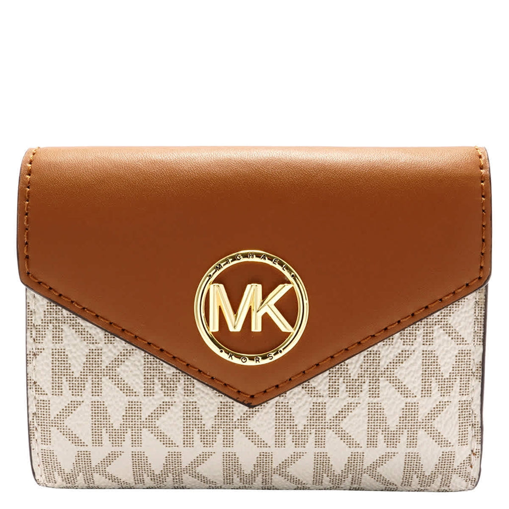 Michael Kors Ladies Signature Logo Carmen Medium Envelope Tri-Fold Wallet - Vanilla/Acorn