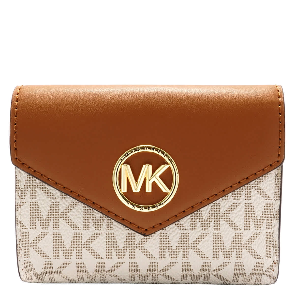 Michael Kors Ladies Signature Logo Carmen Medium Envelope Tri-Fold Wallet - Vanilla/Acorn