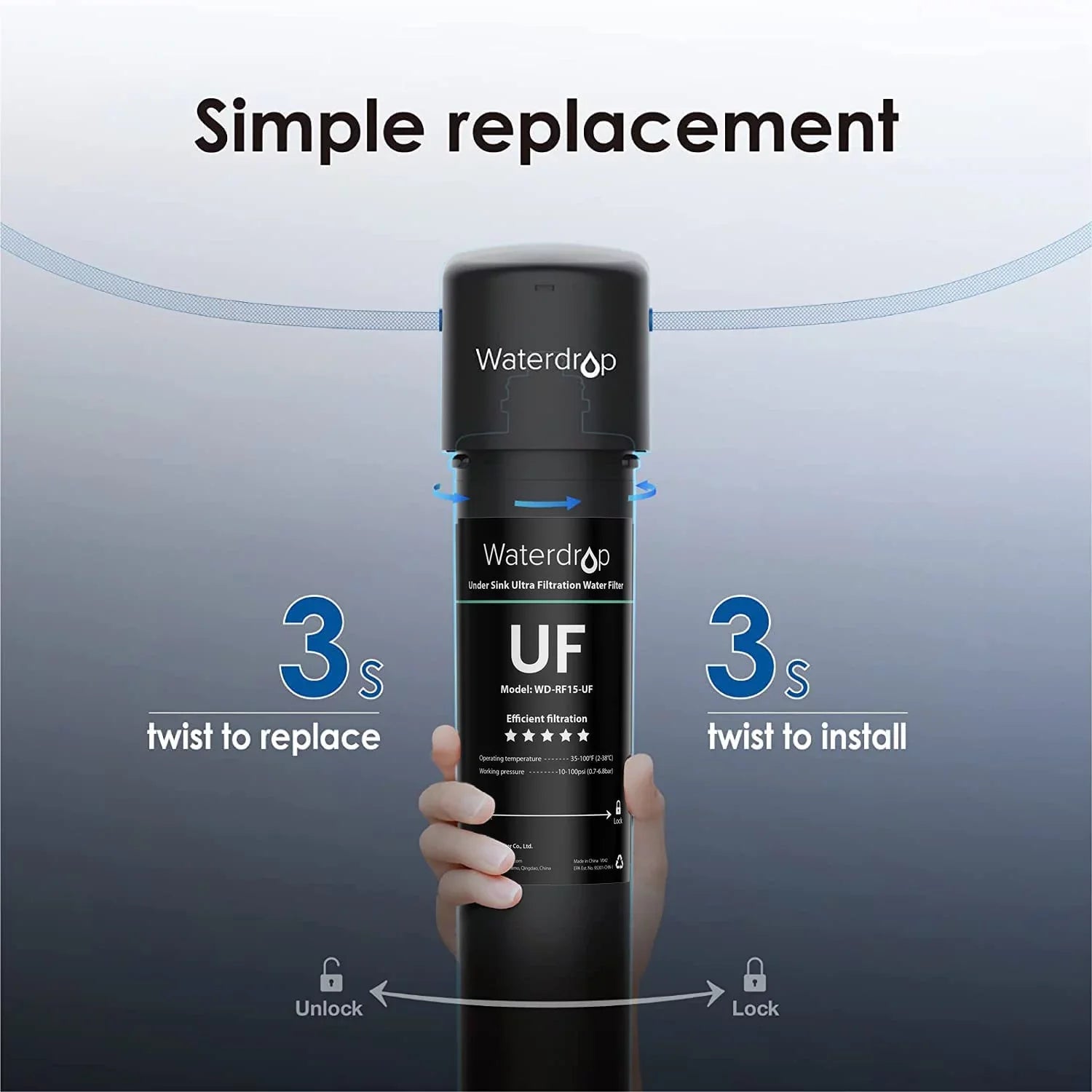 Waterdrop WD-RF15-UF Water Filter, Replacement 15UA-UF Under Sink Water Filtration System, 0.01 Micron, 16000 Gallons High Capacity