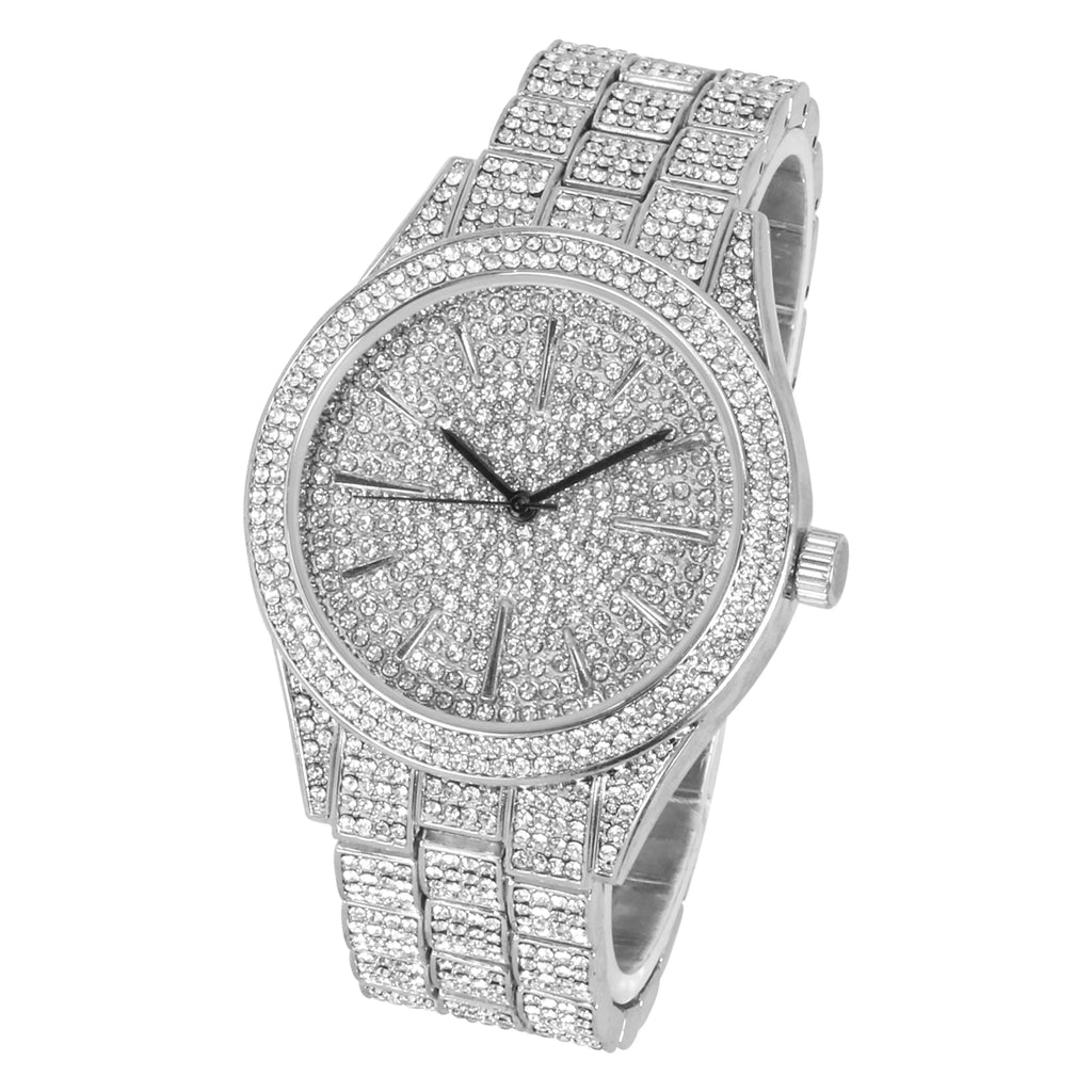 Mens Iced Out 42mm Diamond Watch with Simulated Diamonds and Bling Dial - Bling-ed Out Fully Adjustable Metal Band - Quartz Movement - Silver Tone Finish